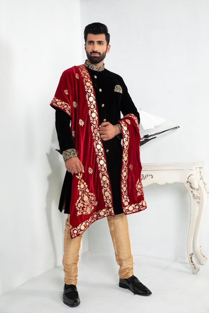 Red Shawl with Gold Embroidered Flowered Detailing