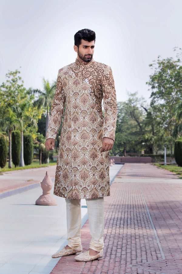 Gold and Ivory Asymmetrical Sherwani with Bronze Detail