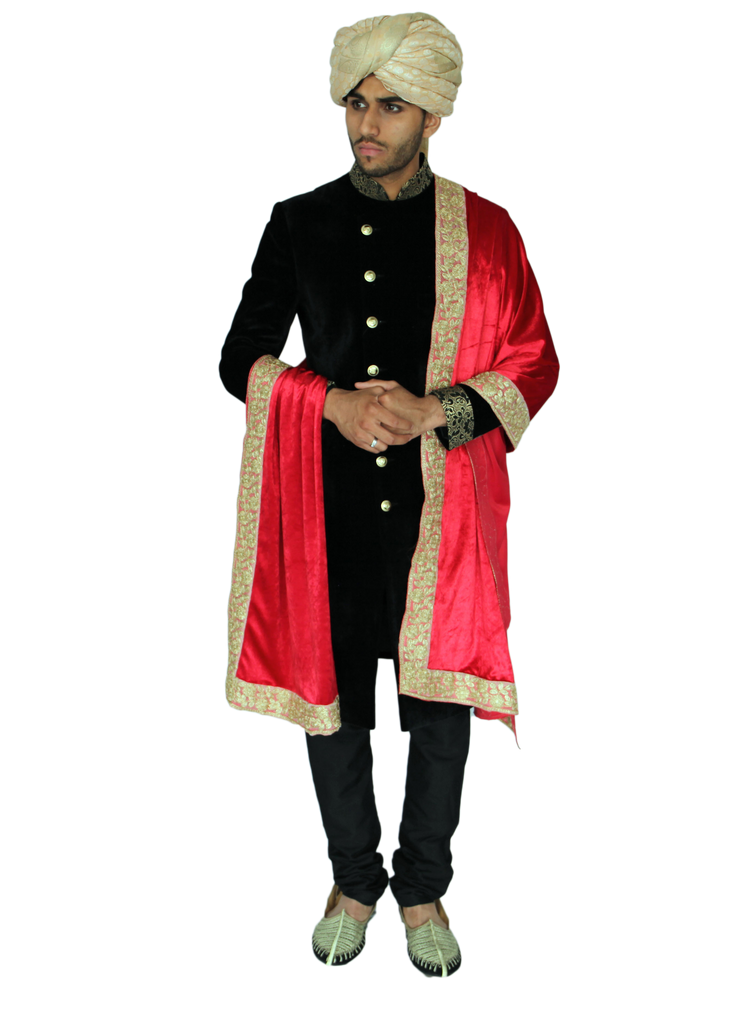 Red Velvet Shawl with Thin Gold Embroidered Trim