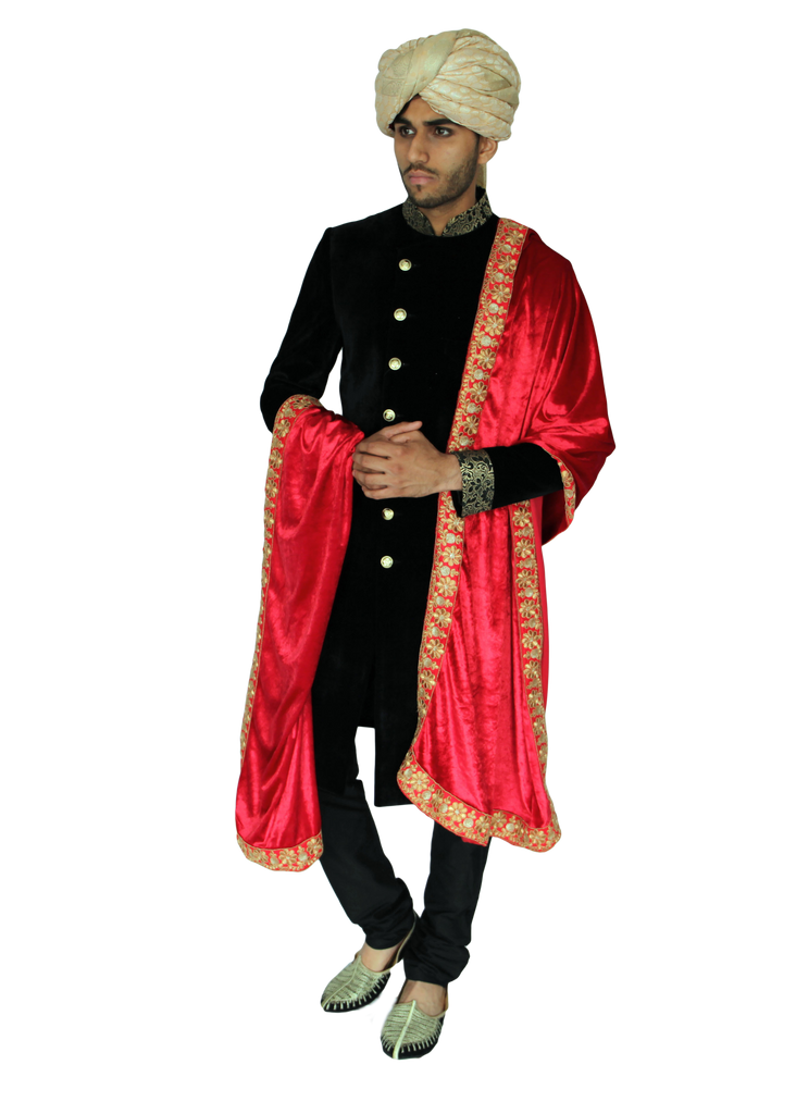 Deep Red Velvet Shawl with Thin Gold Embroidered Trim