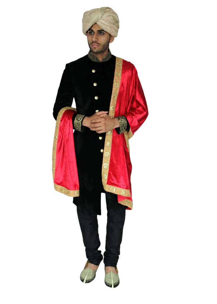 Red Velvet Shawl with a Gold Embroidered Trim