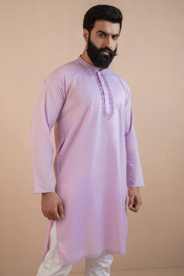 Lavender Kurta Set with Pattenerned Collar and Front