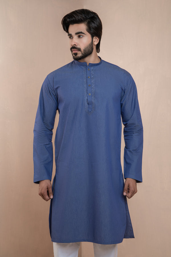Powder Blue Kurta Set with Detailed Collar and Front