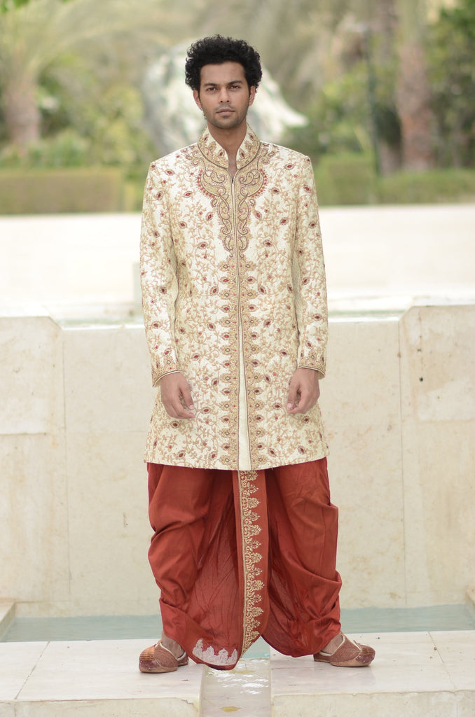 Pearl White Sherwani with Red Stone Embroidery