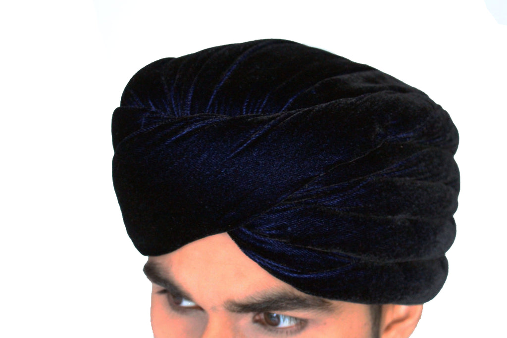 Navy Velvet Turban Safa Hat with Trail