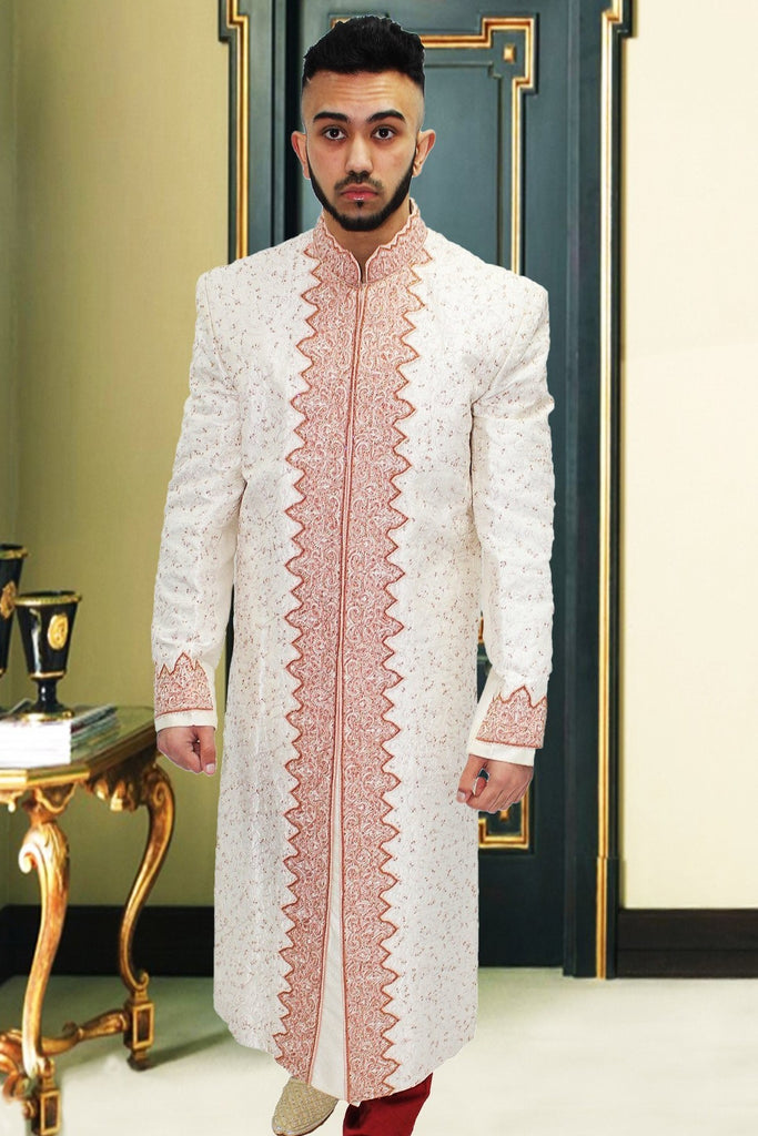 White Indian Sherwani with Rose Cut-pipe Embroidery