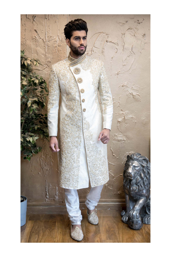 Antique Gold and Ivory Sherwani with Embroidery and Back Detail