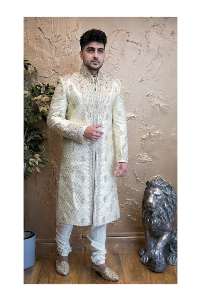 Light Gold Sherwani with Peacock Feather Detail