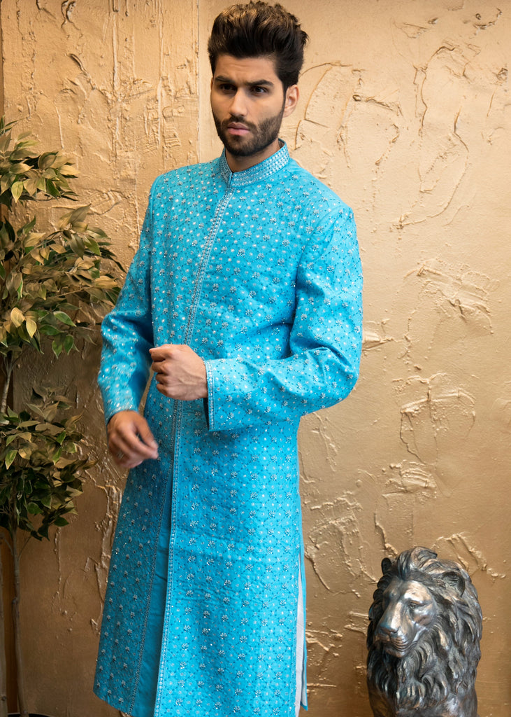 Bejewelled Blue Full Front Embroidered Sherwani
