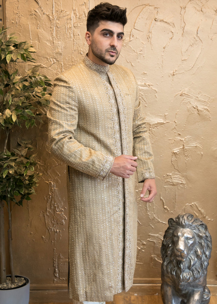 Gold Silk Sherwani with Lined Embroidery