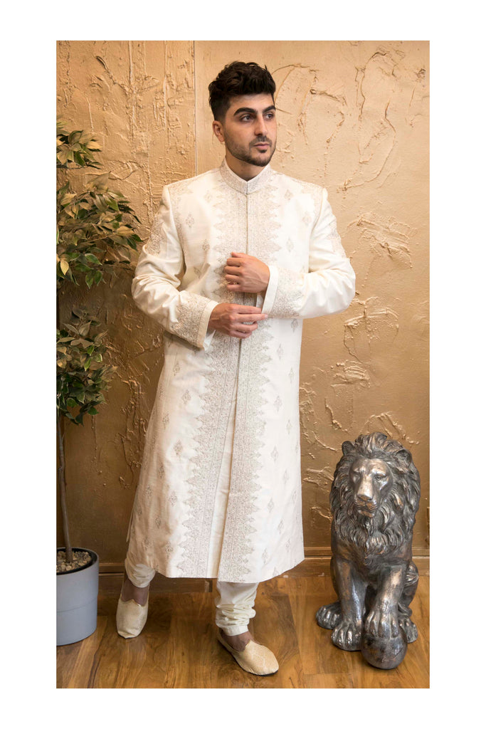 White Sherwani with Silver Embroidery
