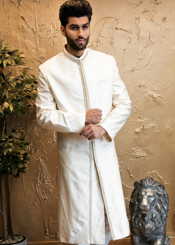 Off White Silk Sherwani with Gold Embroidery for Men
