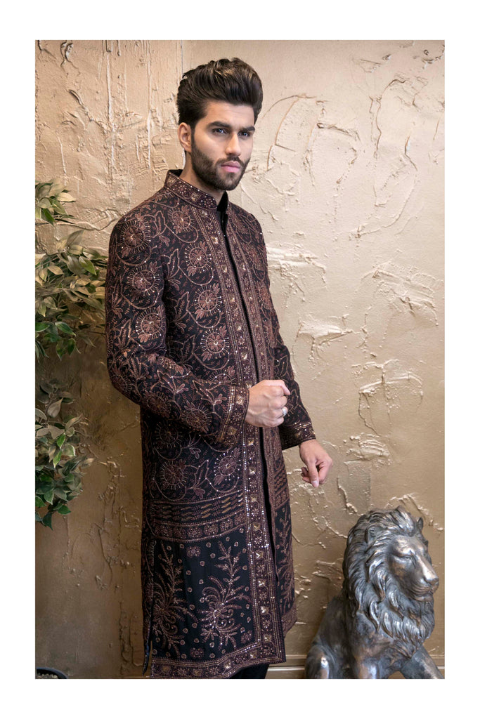 Black Sherwani with Rich Gold and Brown Embroidery