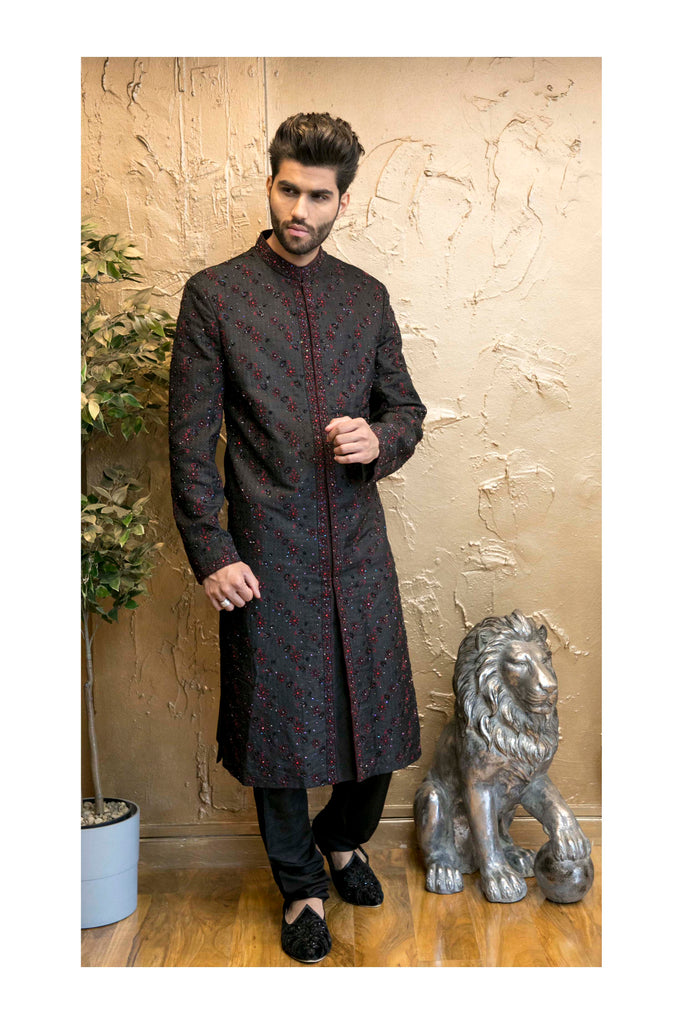 Black Sherwani with red Embroidery