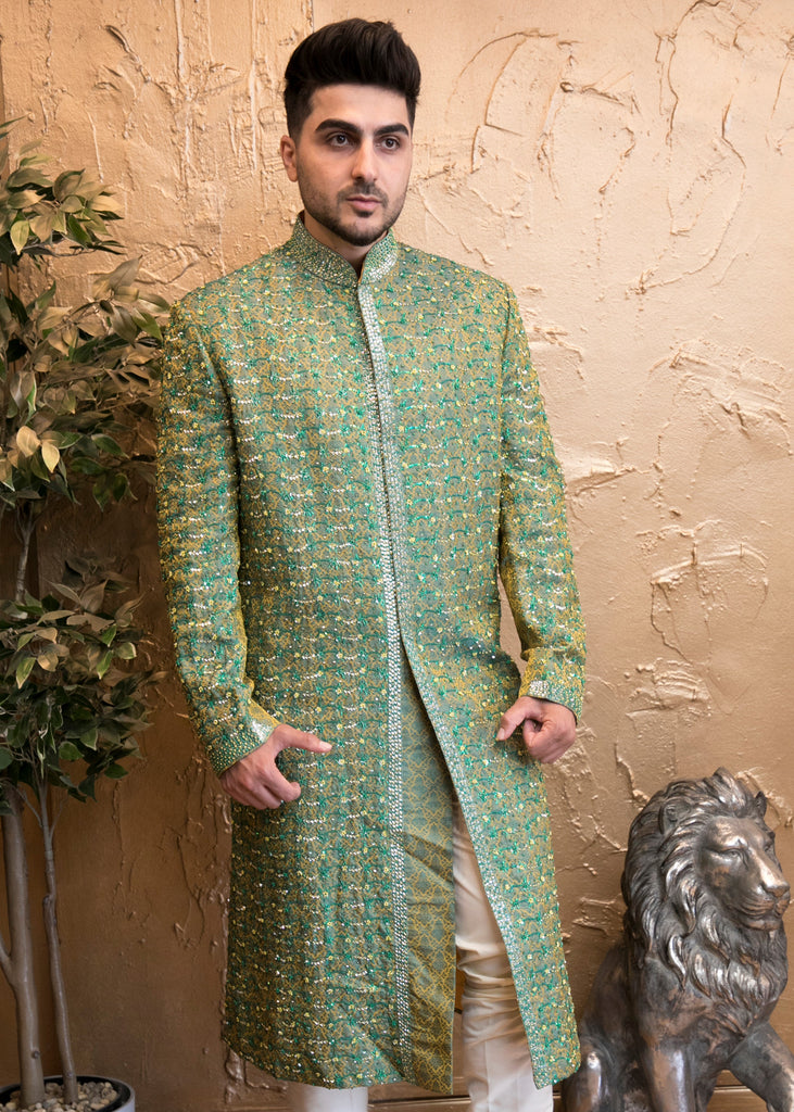 Green Embroidered Sherwani over Brocade Silk