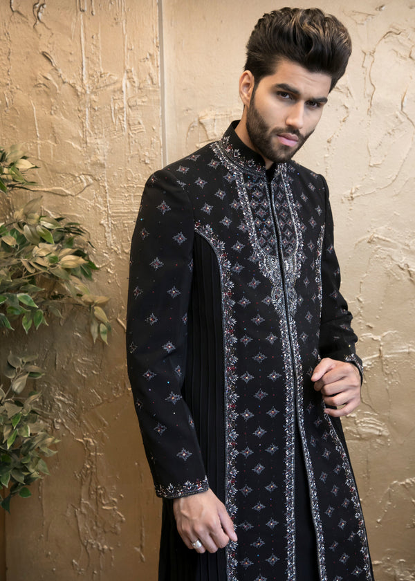 Timeless Black Sherwani with Pleated Embroidery