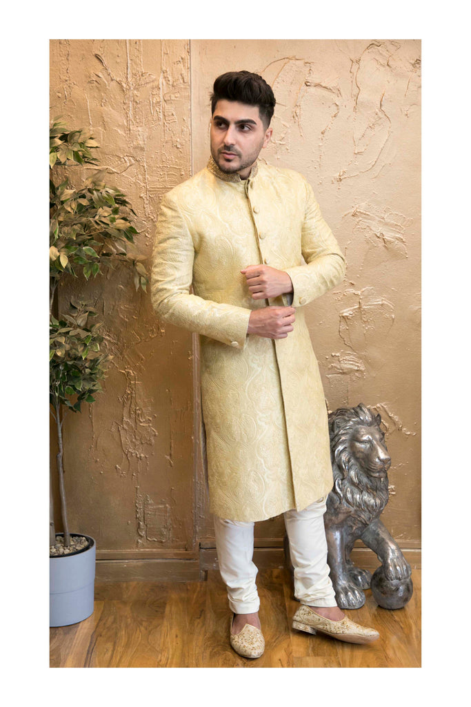 Gold Thread Embroidered Sherwani with Neck Detail
