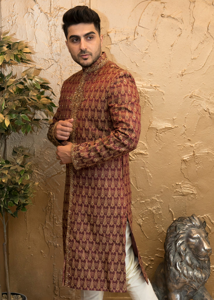 Maroon Patterned Silk Sherwani with Gold Embroidery