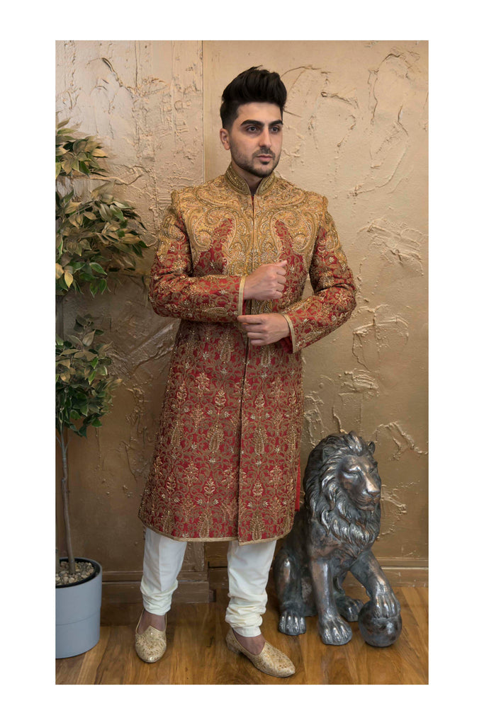 Red Silk Sherwani with Gold Centre Piece and Thread-work