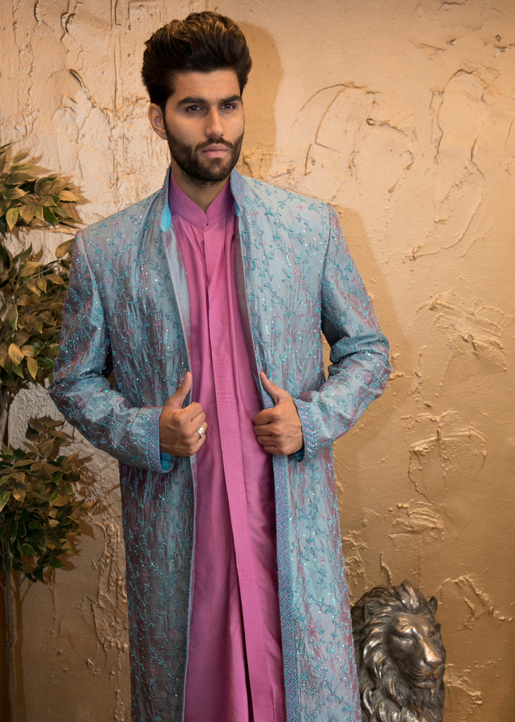 Premium 3 Piece Blue and Purple Embroidered Silk Groomsmen Sherwani