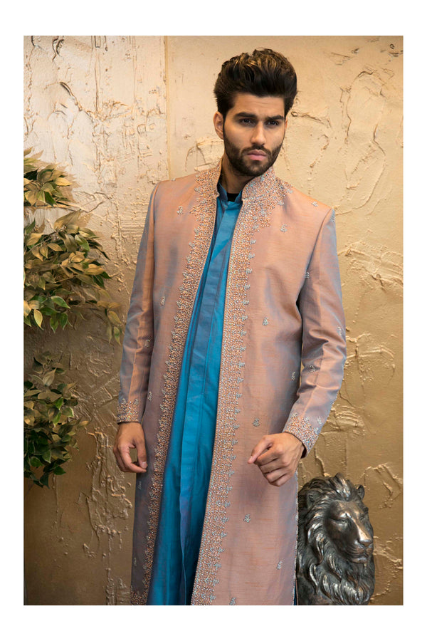 3 Piece Premium Groomsmen Rust Sherwani with Blue Kurta