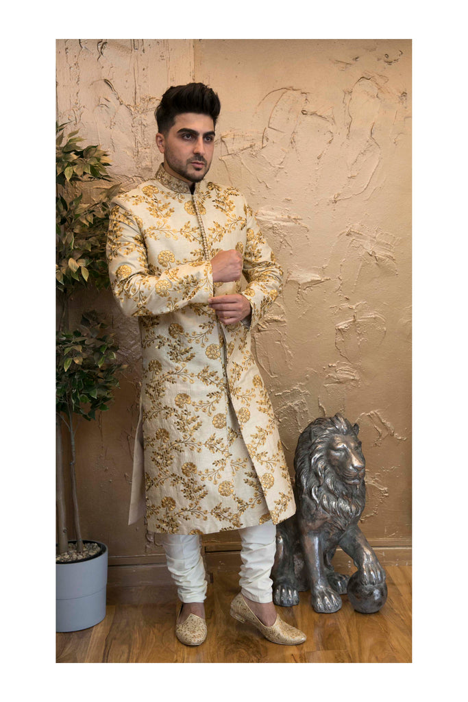 Light Gold Sherwani with Deep Gold Floral Embroidery