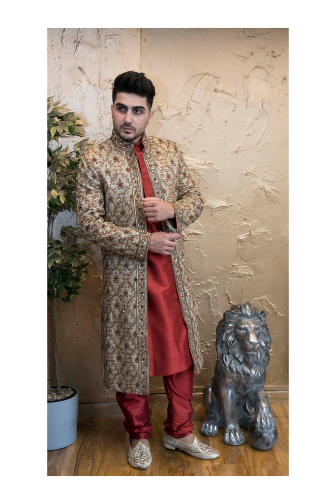 Tawny Brown 3 Piece Sherwani with Heavy Phulkari Work