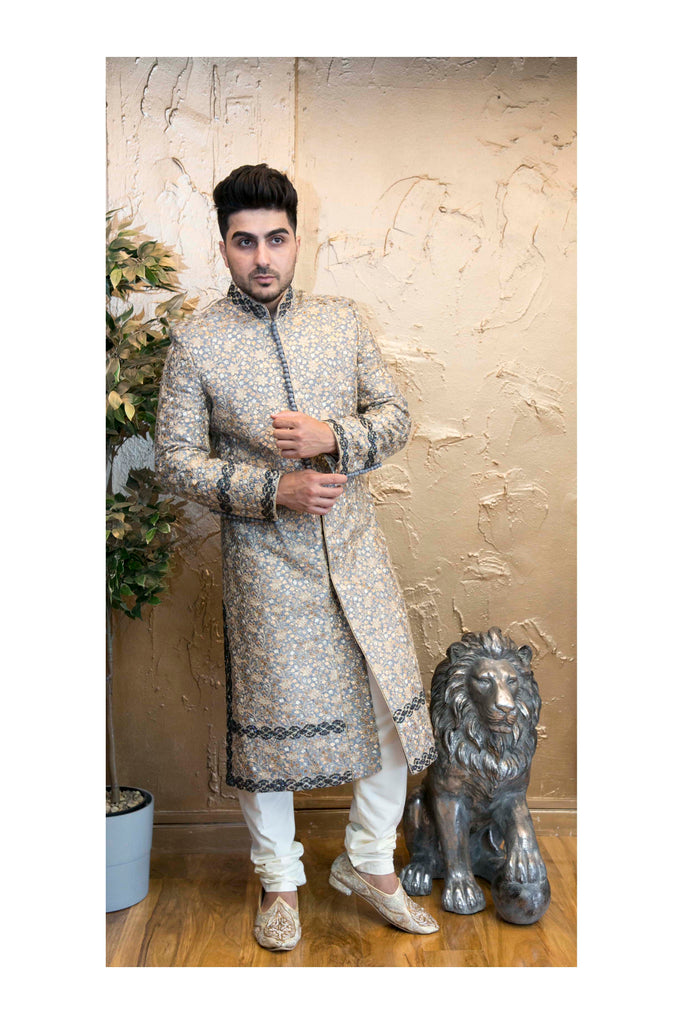 Light Blue Sherwani with Gold thread-work and Crystal work