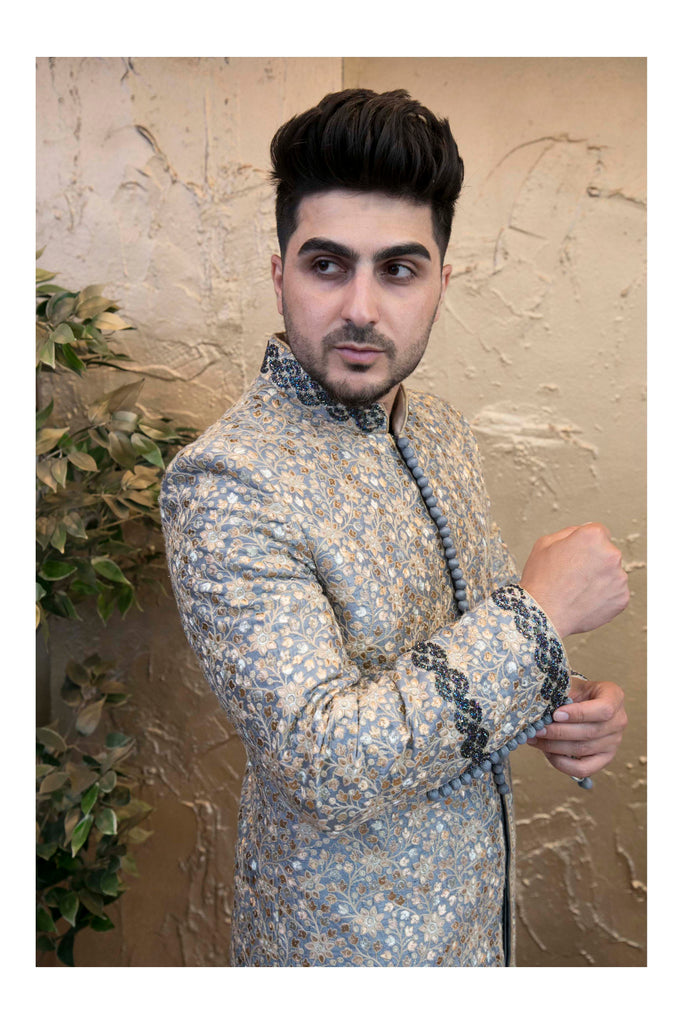 Light Blue Sherwani with Gold thread work and Crystal work