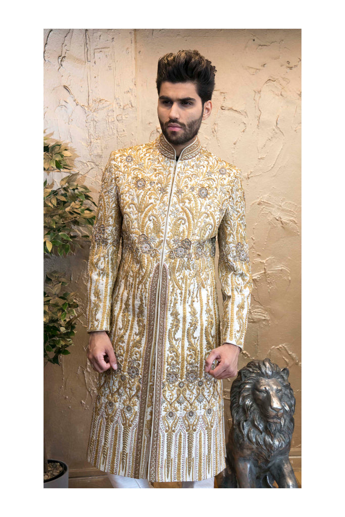 Ivory and Antique Gold Sherwani with Floral embroidery detail
