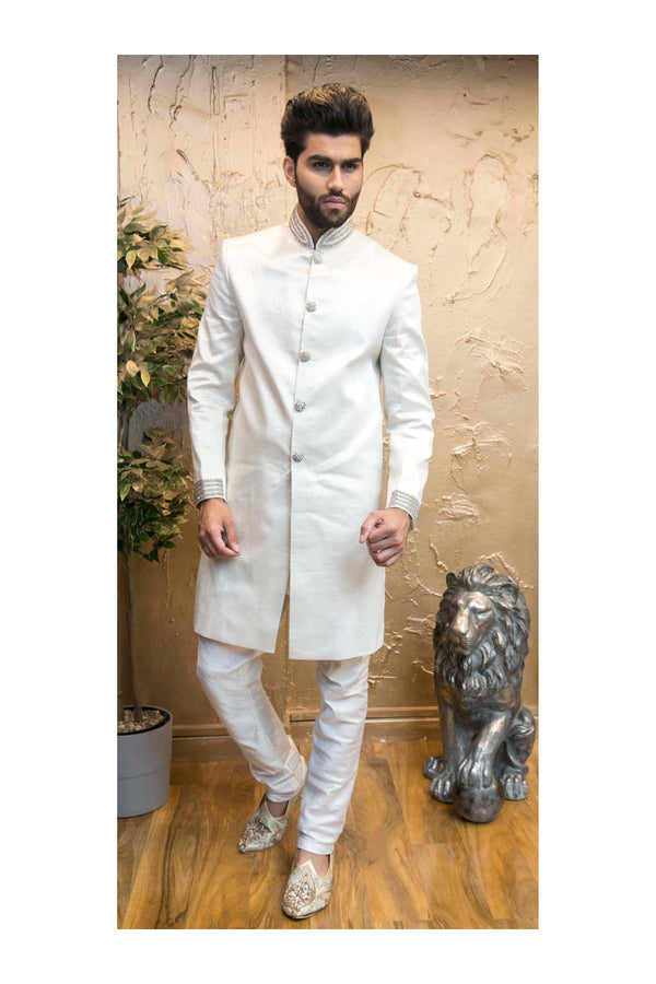 White Sherwani with Silver Swarovski detail
