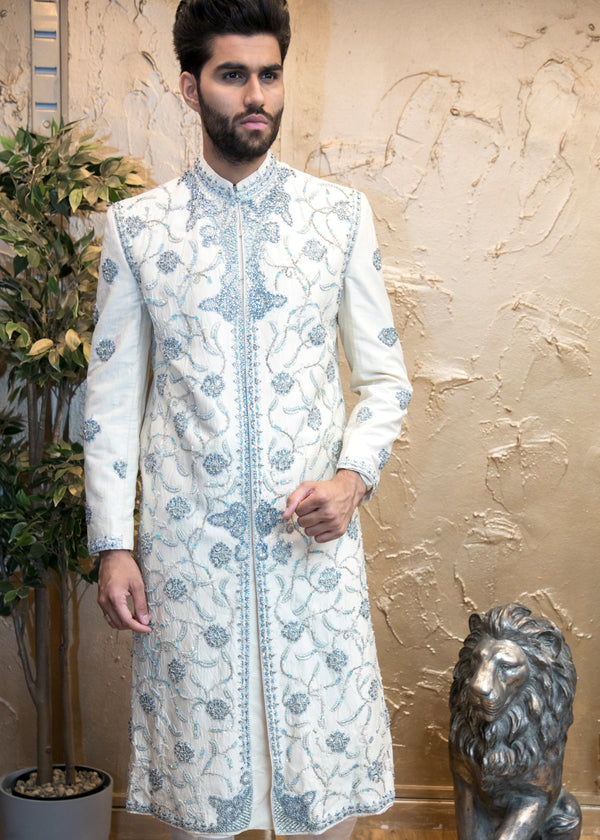 White Sherwani with Blue Swarovski Embroidery