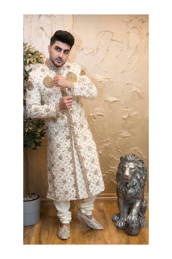 White Sherwani with round Pattern Embroidery