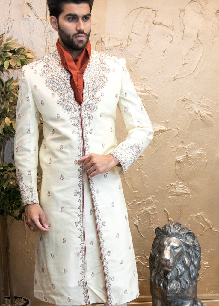 Ivory Sherwani with Rich Chest Piece Silver Embroidery