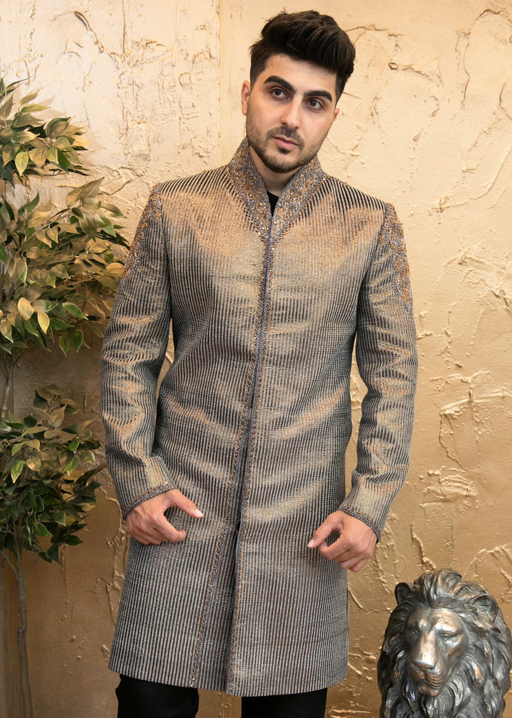 Striped Silver Indian Sherwani with Gold Embroidery for Men