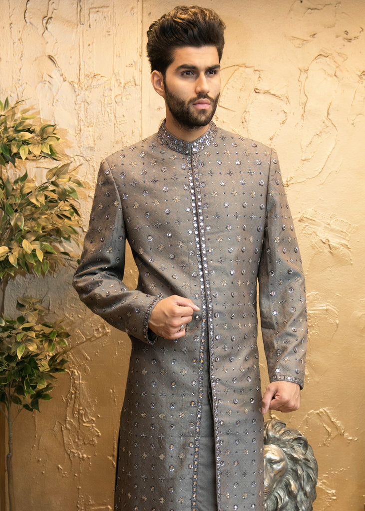 Silver Sherwani with Mirror Embroidery