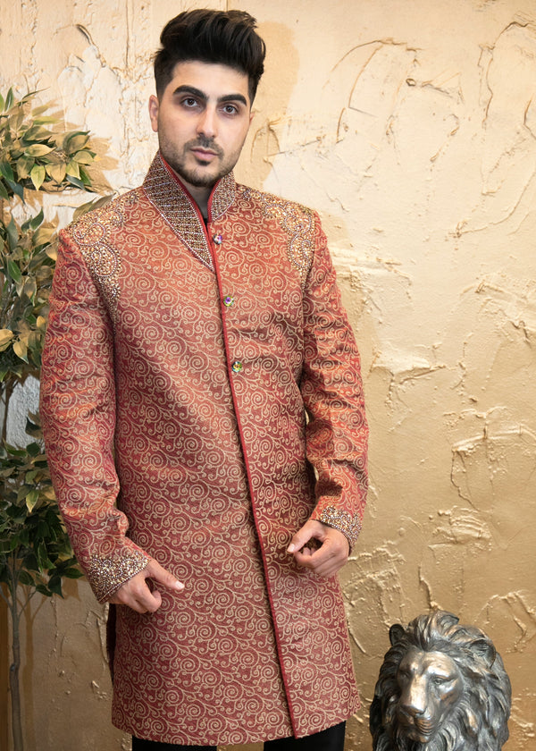 Red & Brown Brocade Silk Sherwani
