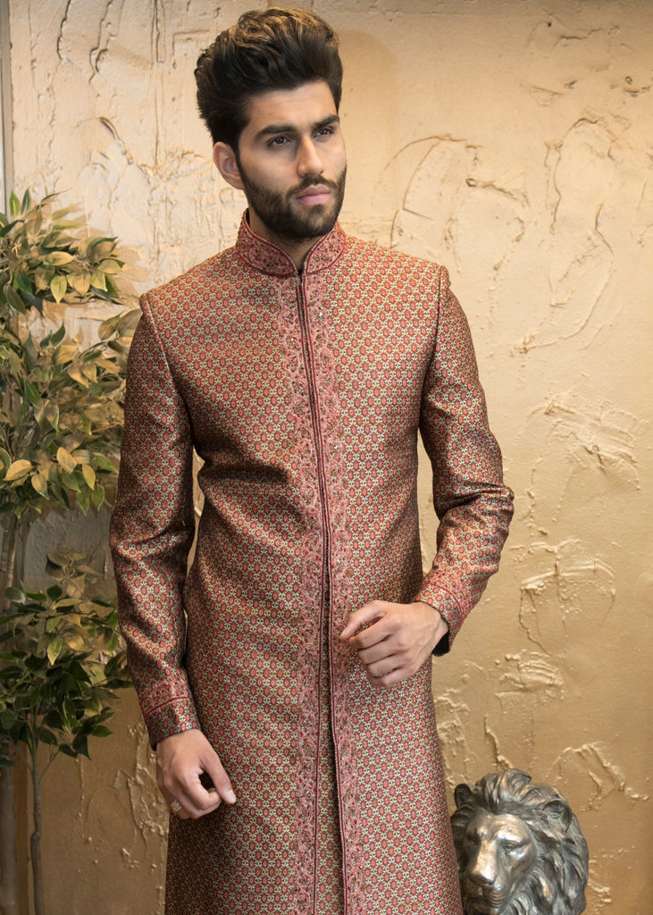 Red Patterned Brocade Indian Sherwani with Center Embroidery