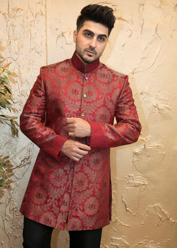 Red Brocade Fusion Sherwani