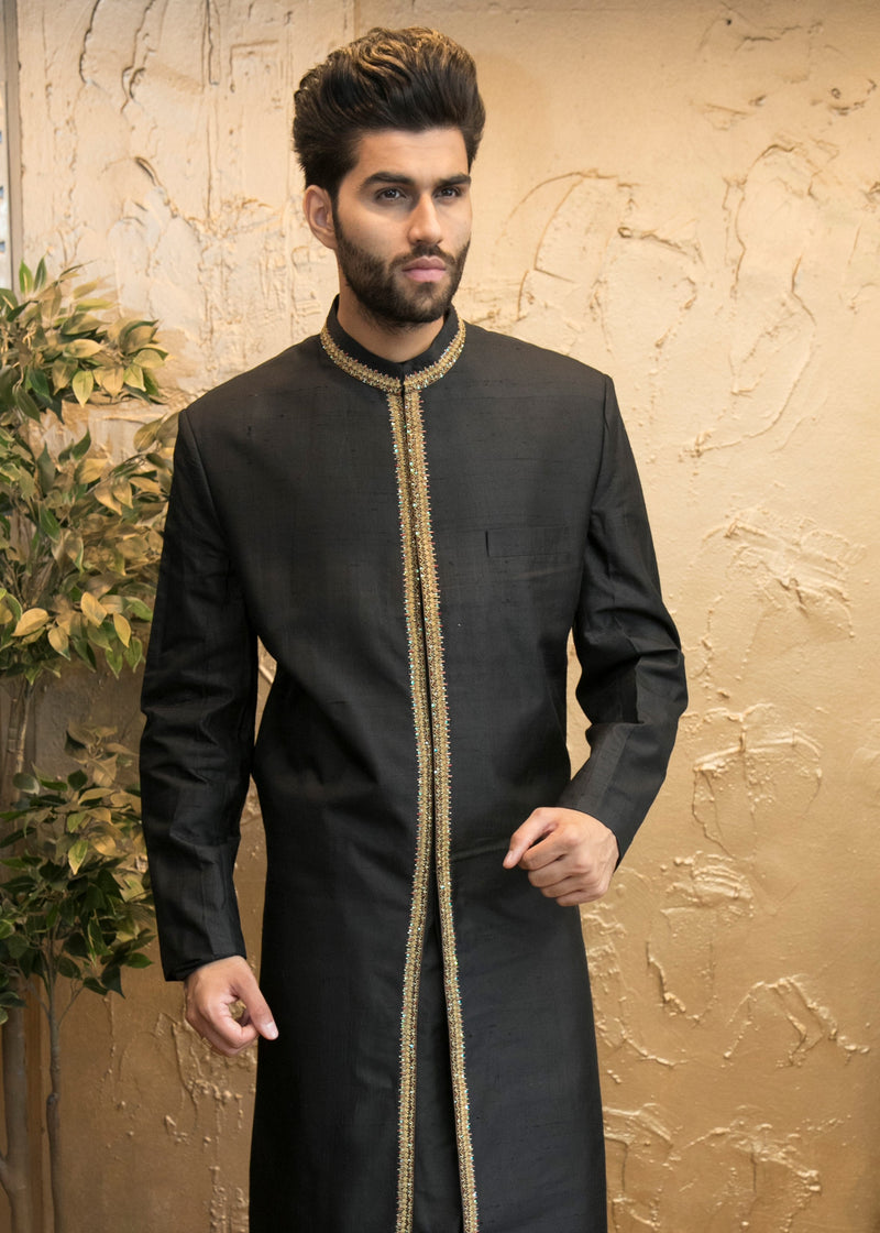 Black Sherwani with Gold Embroidery –