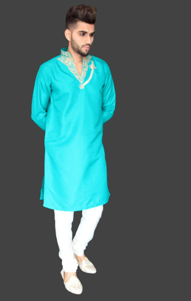 Teal Silk Kurta with Collar and Chest Embroidery