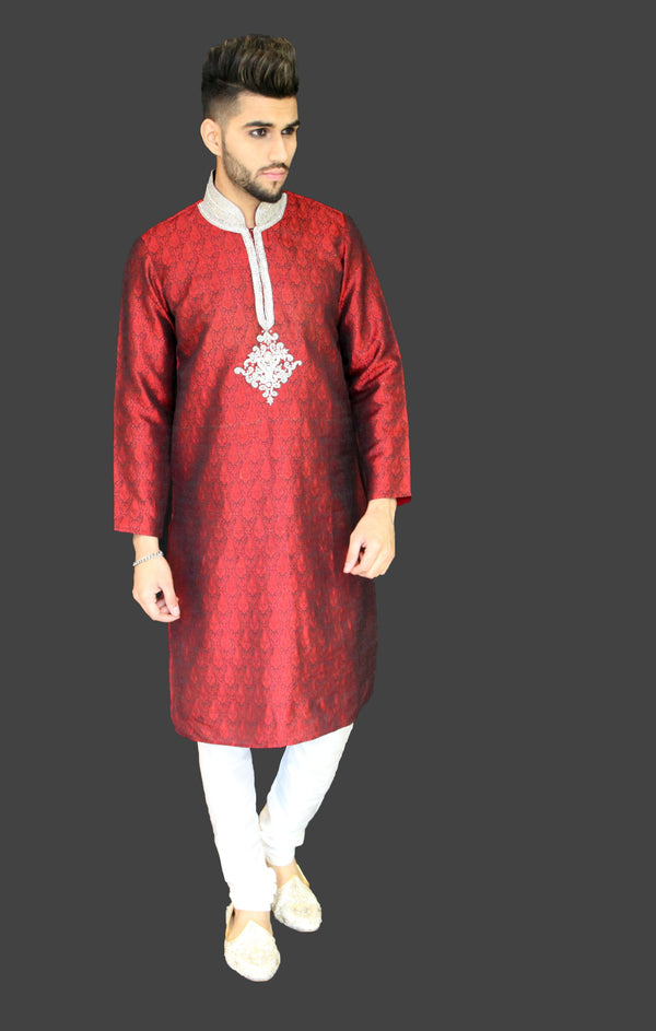 Deep Red Brocade Silk Kurta Sherwani with Gemstone Collar Detail