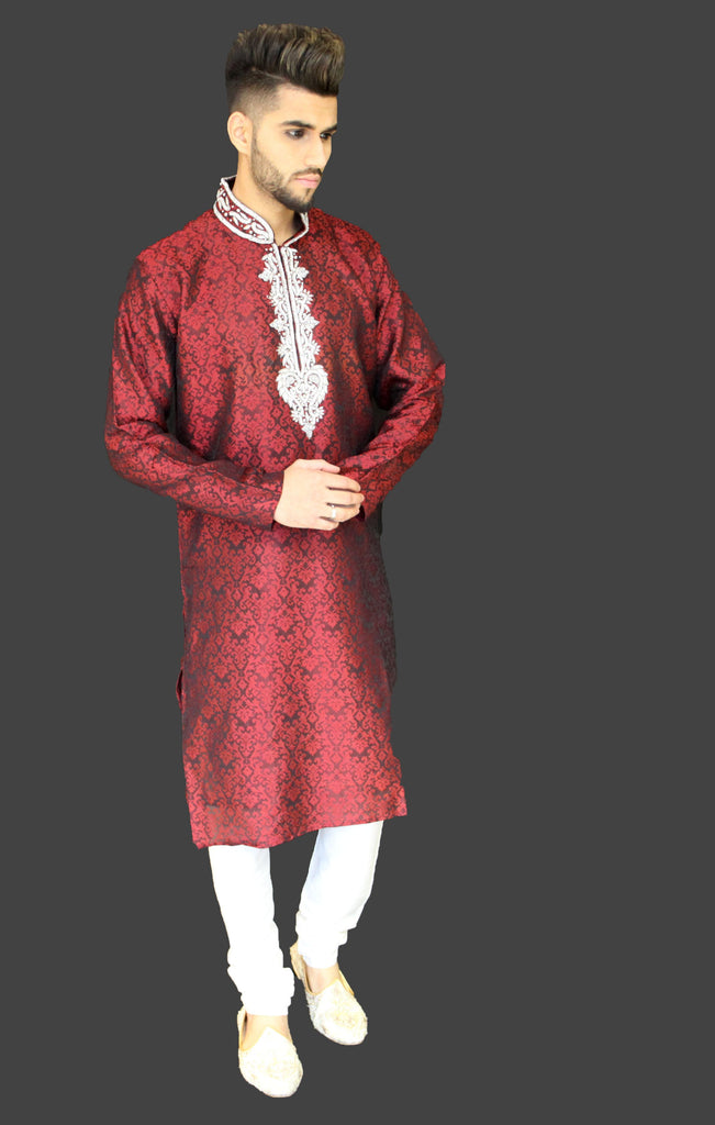 Black and Red Brocade Kurta Sherwani with Embellished Chest and Collar detail