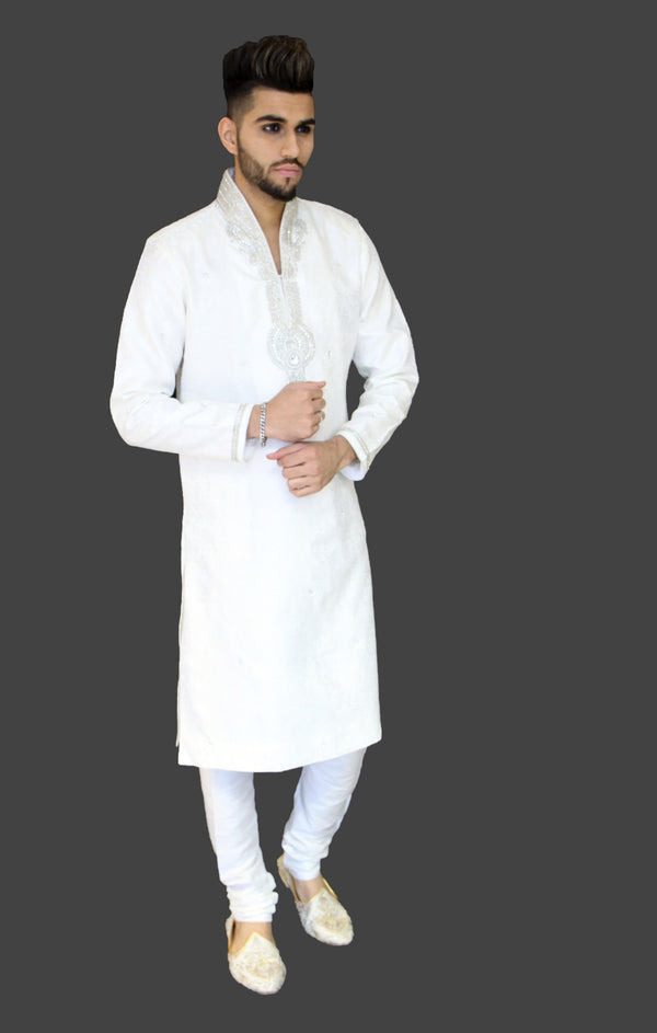 White Brocade Eid Kurta with Beautiful Collar and Chest Embellishment