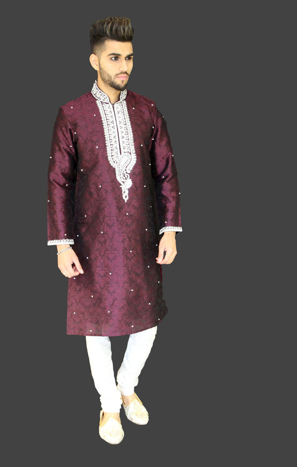Plum Brocade Silk Kurta  Sherwani with Collar and Chest gemstone embroidery