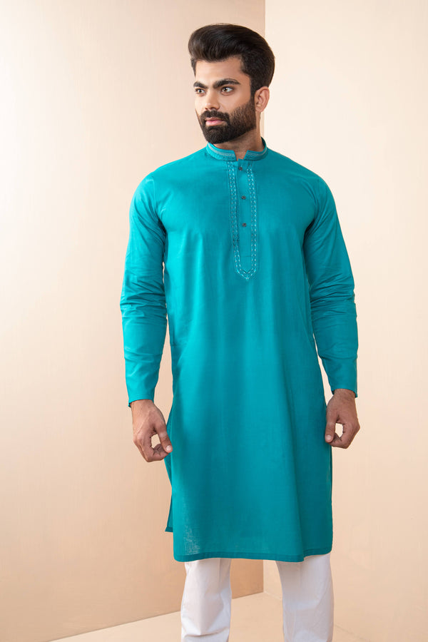Turquoise Kurta Set with Detailed Collar and Front