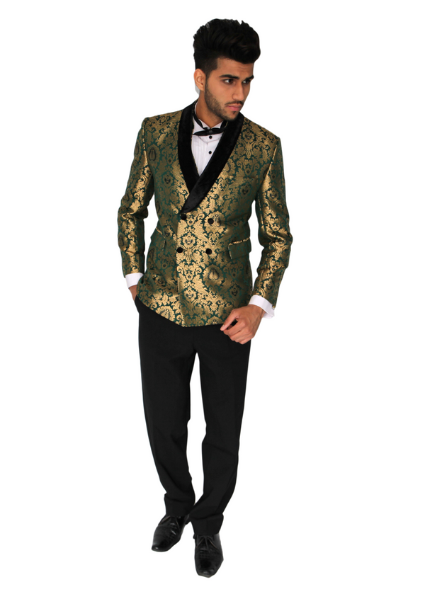Green and Gold Double-Breasted Brocade Blazer