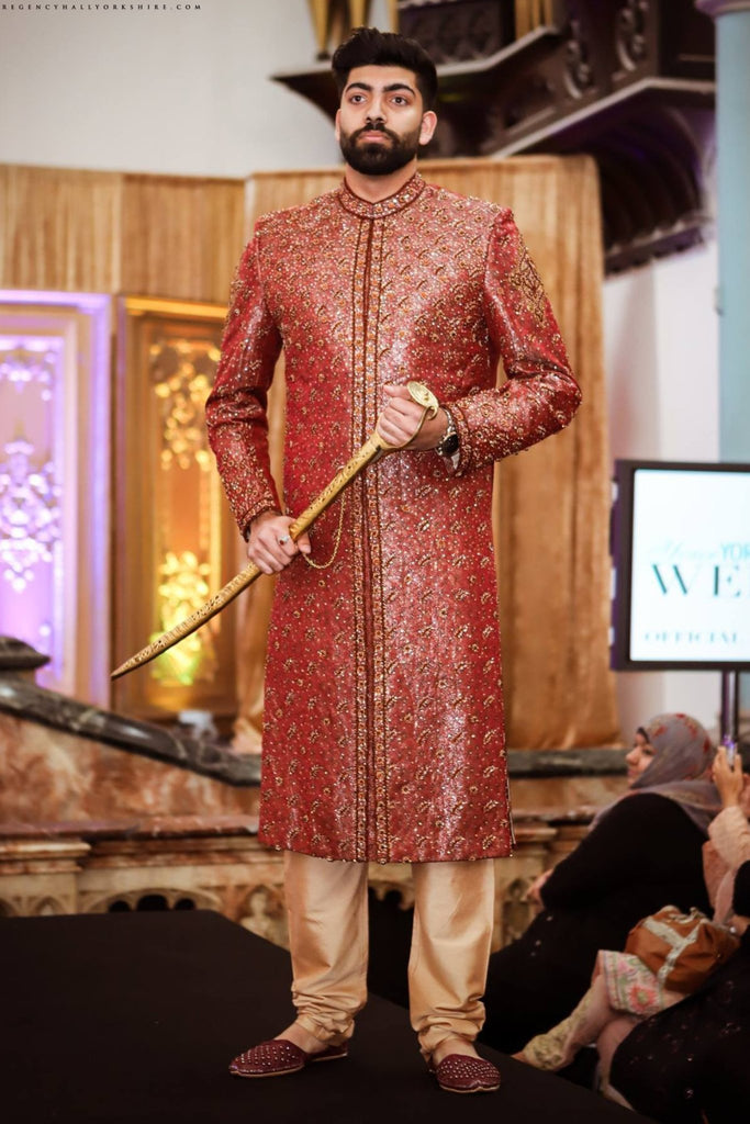 Full Embroidered Gold & Maroon Silk Sherwani