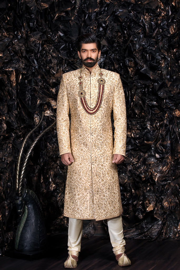 True Gold Sherwani with Gold Floral Embroidery