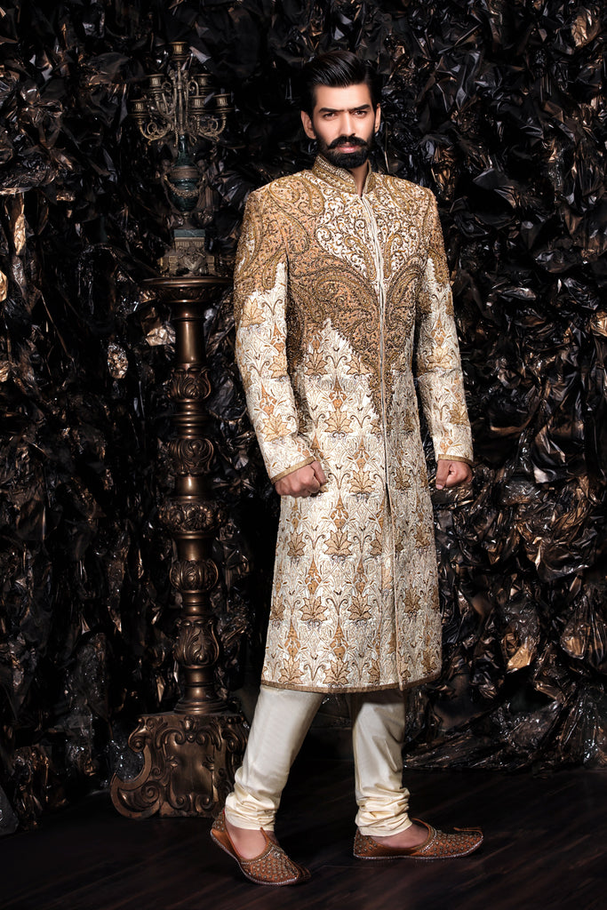 Ivory and Gold Full Maharaja Sherwani